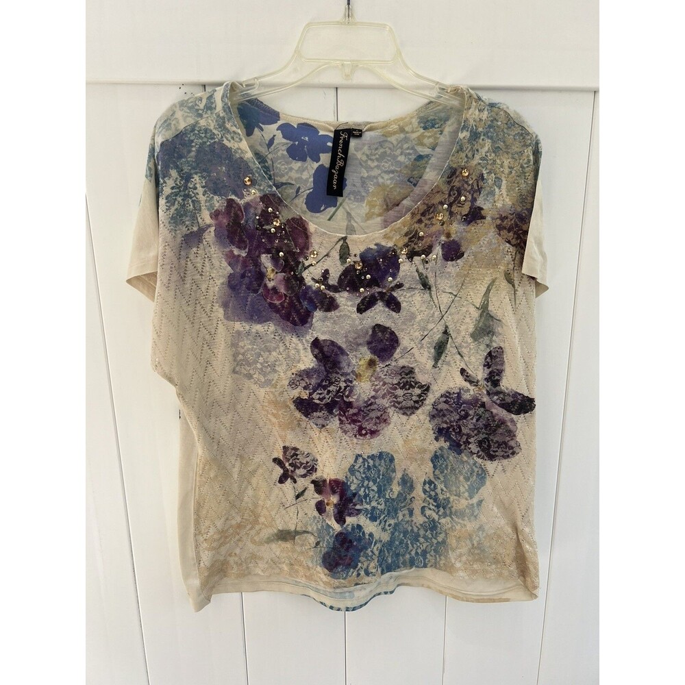 French Bazaar Womens Top Lace Front Floral Multicolor Embellished Sz Large